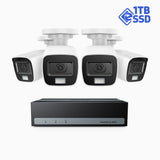 SSDK500 - Kit de surveillance filaire 3K à 8 canaux avec 4 caméras, SSD intégré de 1024 Go, vision nocturne couleur et IR, résolution de 3072*1728, enregistrement jusqu'à 2 semaines, microphone intégré, IP67