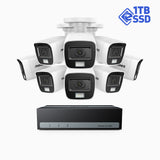 SSDK500 - Kit de surveillance filaire 3K à 8 canaux avec 8 caméras, SSD intégré de 1024 Go, vision nocturne couleur et IR, résolution de 3072*1728, enregistrement jusqu'à 2 semaines, microphone intégré, IP67