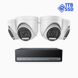 SSDK500 - Kit de surveillance filaire 3K à 8 canaux avec 4 caméras, SSD intégré de 1024 Go, vision nocturne couleur et IR, résolution de 3072*1728, enregistrement jusqu'à 2 semaines, microphone intégré, IP67