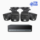 SSDK500 - Kit de surveillance filaire 3K à 8 canaux avec 4 caméras, SSD intégré de 1024 Go, vision nocturne couleur et IR, résolution de 3072*1728, enregistrement jusqu'à 2 semaines, microphone intégré, IP67