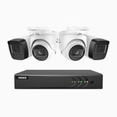 EL200 - Kit de surveillance filaire 1080p à 4 canaux avec 2 caméras bullet et 2 caméra tourelle, DVR intelligent avec détection humaine et véhicule, vision nocturne infrarouge de 66 pieds, signal de sortie 4-en-1, IP67