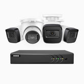 EL200 - Kit de surveillance filaire 1080p à 4 canaux avec 3 caméras bullet et 1 caméra tourelle, DVR intelligent avec détection humaine et véhicule, vision nocturne infrarouge de 66 pieds, signal de sortie 4-en-1, IP67