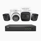 EL200 - Kit de surveillance filaire 1080p à 4 canaux avec 3 caméras bullet et 1 caméra tourelle, DVR intelligent avec détection humaine et véhicule, vision nocturne infrarouge de 66 pieds, signal de sortie 4-en-1, IP67