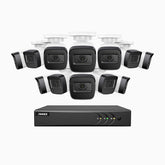 EL200 - Kit de surveillance filaire 1080p à 16 canaux avec 12 caméras, DVR intelligent avec détection humaine et véhicule, vision nocturne infrarouge de 66 pieds, signal de sortie 4-en-1, IP67
