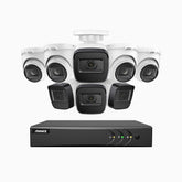 EL200 - Kit de surveillance filaire 1080p à 16 canaux avec 4 caméras bullet et 4 caméra tourelle, DVR intelligent avec détection humaine et véhicule, vision nocturne infrarouge de 66 pieds, signal de sortie 4-en-1, IP67