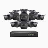 EL200 - Kit de surveillance filaire 1080p à 16 canaux avec 12 caméras, DVR intelligent avec détection humaine et véhicule, vision nocturne infrarouge de 66 pieds, signal de sortie 4-en-1, IP67
