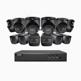 EL200 - Kit de surveillance filaire 1080p à 16 canaux avec 6 caméras bullet et 6 caméra tourelle, DVR intelligent avec détection humaine et véhicule, vision nocturne infrarouge de 66 pieds, signal de sortie 4-en-1, IP67