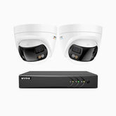 ACDK500 - Kit de surveillance filaire 3K à 8 canaux avec 2 caméras extérieures à double objectif, vue panoramique 180°, vision nocturne intelligente à double éclairage, Microphone Intégré, IP67 étanche