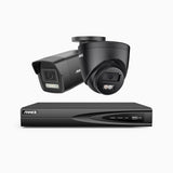 H500P - Kit de surveillance PoE 3K à 4 canaux avec 1 caméras bullet et 1 caméras tourelle, vision nocturne en couleur et infrarouge, résolution 3072*1728, ouverture f/1.6 (0.005 Lux), détection humaine et véhicule, microphone intégré, IP67