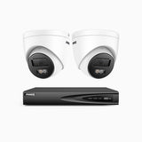 H500P - Kit de surveillance PoE 3K à 4 canaux avec 2 caméras, vision nocturne en couleur et infrarouge, résolution 3072*1728, ouverture f/1.6 (0.005 Lux), détection humaine et véhicule, microphone intégré, IP67