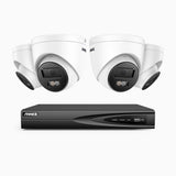 H500P - Kit de surveillance PoE 3K à 4 canaux avec 4 caméras, vision nocturne en couleur et infrarouge, résolution 3072*1728, ouverture f/1.6 (0.005 Lux), détection humaine et véhicule, microphone intégré, IP67