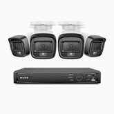 H500 - Kit de surveillance PoE 5MP à 4 canaux avec 4 caméras, Vision nocturne intelligente à double éclairage, 3072 × 1728 à 20 ips, détection intelligente des personnes et des véhicules, microphone intégré, IP67