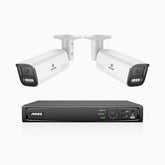 HZ804 - Kit de surveillance 4K à 4 canaux avec 2 PoE caméras, Zoom optique 4X, vision nocturne à deux lumières, détection de mouvement 2.0, Microphone intégré, sirène et alarme stroboscopique
