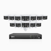 FDH600 - Kit de surveillance PoE 6MP à 16 canaux avec 12 caméras, double objectif, ultra grand angle 180°, super ouverture f/1.2, micro intégré, sirène et alarme actives, Détection Intelligente de Mouvement