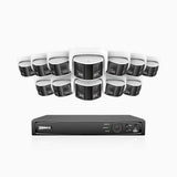 FDH600 - Kit de surveillance PoE 6MP à 16 canaux avec 12 caméras, double objectif, ultra grand angle 180°, super ouverture f/1.2, micro intégré, sirène et alarme actives, Détection Intelligente de Mouvement