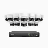 FDH800 - Kit de surveillance PoE 8MP à 16 canaux avec 12 caméras, double objectif, ultra grand angle 180°, vision nocturne intelligente à double éclairage, audio bidirectionnel, sirène et alarme actives, détection humaine et de véhicules, IP67
