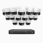 FDH800 - Kit de surveillance PoE 8MP à 16 canaux avec 16 caméras, double objectif, ultra grand angle 180°, vision nocturne intelligente à double éclairage, audio bidirectionnel, sirène et alarme actives, détection humaine et de véhicules, IP67