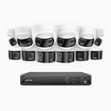 FDH800 - Kit de surveillance PoE 8MP à 16 canaux avec 6 caméras bullet et 6 caméras tourelle, double objectif, ultra grand angle 180°, vision nocturne intelligente à double éclairage, audio bidirectionnel, détection humaine et de véhicules, IP67