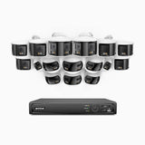 FDH800 - Kit de surveillance PoE 8MP à 16 canaux avec 8 caméras bullet et 8 caméras tourelle, double objectif, ultra grand angle 180°, vision nocturne intelligente à double éclairage, audio bidirectionnel, détection humaine et de véhicules, IP67