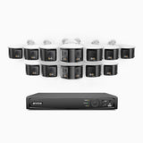 FDH800 - Kit de surveillance PoE 8MP à 16 canaux avec 12 caméras, double objectif, ultra grand angle 180°, vision nocturne intelligente à double éclairage, audio bidirectionnel, sirène et alarme actives, détection humaine et de véhicules, IP67