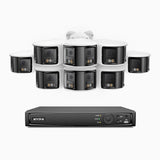 FDH800 - Kit de surveillance PoE 8MP à 16 canaux avec 8 caméras, double objectif, ultra grand angle 180°, vision nocturne intelligente à double éclairage, audio bidirectionnel, sirène et alarme actives, détection humaine et de véhicules, IP67
