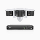 FDH600 - Kit de surveillance PoE 6MP à 8 canaux avec 3 caméras, double objectif, ultra grand angle 180°, super ouverture f/1.2, micro intégré, sirène et alarme actives, Détection Intelligente de Mouvement