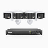 FDH600 - Kit de surveillance PoE 6MP à 8 canaux avec 4 caméras, double objectif, ultra grand angle 180°, super ouverture f/1.2, micro intégré, sirène et alarme actives, Détection Intelligente de Mouvement