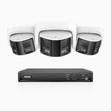 FDH600 - Kit de surveillance PoE 6MP à 8 canaux avec 3 caméras, double objectif, ultra grand angle 180°, super ouverture f/1.2, micro intégré, sirène et alarme actives, Détection Intelligente de Mouvement
