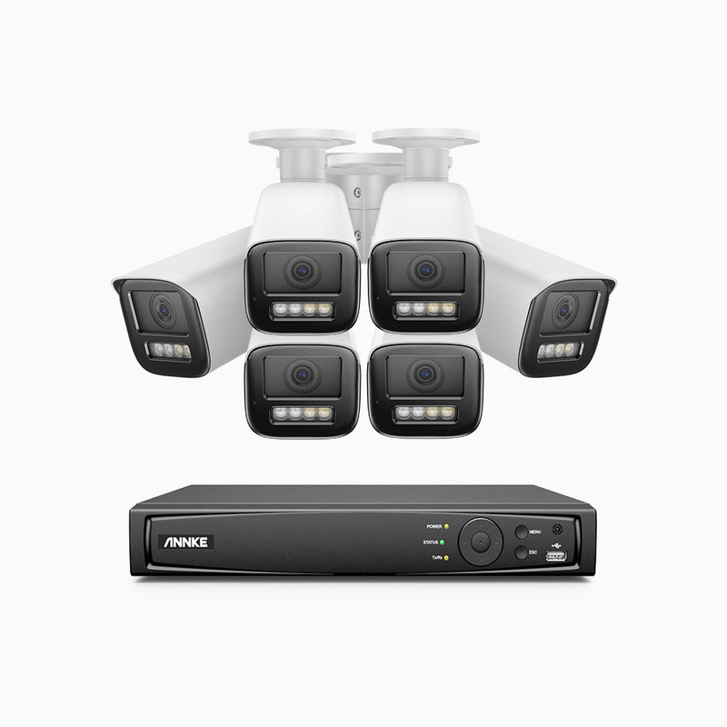 AZH800 - Kit de surveillance 4K à 8 canaux avec 6 PoE caméras, Zoom optique 4X, vision nocturne à deux lumières, détection de mouvement 2.0, Microphone intégré, sirène et alarme stroboscopique