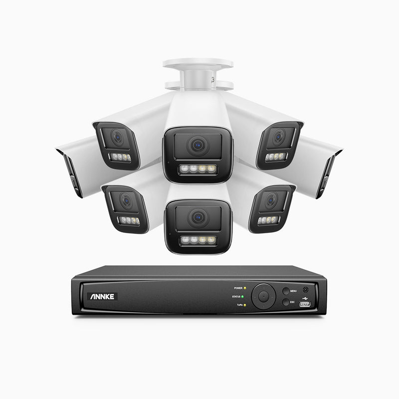 AZH800 - Kit de surveillance 4K à 8 canaux avec 8 PoE caméras, Zoom optique 4X, vision nocturne à deux lumières, détection de mouvement 2.0, Microphone intégré, sirène et alarme stroboscopique