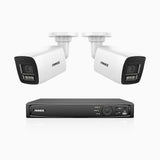H1200 - Kit de surveillance PoE 4K 12MP à 8 canaux avec 2 caméras, vision nocturne couleur et IR, détection humaine et véhiculaire, H.265+, microphone intégré, stockage local maximal de 512 Go, IP67