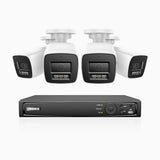 H1200 - Kit de surveillance PoE 4K 12MP à 8 canaux avec 4 caméras, vision nocturne couleur et IR, détection humaine et véhiculaire, H.265+, microphone intégré, stockage local maximal de 512 Go, IP67