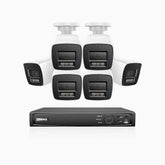 H1200 - Kit de surveillance PoE 4K 12MP à 8 canaux avec 6 caméras, vision nocturne couleur et IR, détection humaine et véhiculaire, H.265+, microphone intégré, stockage local maximal de 512 Go, IP67