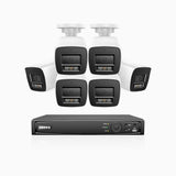 H1200 - Kit de surveillance PoE 4K 12MP à 8 canaux avec 6 caméras, vision nocturne couleur et IR, détection humaine et véhiculaire, H.265+, microphone intégré, stockage local maximal de 512 Go, IP67