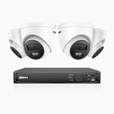 H1200 - Kit de surveillance PoE 4K 12MP à 8 canaux avec 4 caméras, vision nocturne couleur et IR, détection humaine et véhiculaire, H.265+, microphone intégré, stockage local maximal de 512 Go, IP67