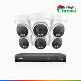 NightChroma™ NBRK800 - Kit de Surveillance 4K à 8 Canaux avec 6 Caméras, Alarme Rouge et Bleue, 3840x2160@25 fps, Vision Nocturne en Couleur et Infrarouge, Détection Personnes-Véhicules, Analyse Comportementale Intelligente, Audio Bidirectionnel, IP67