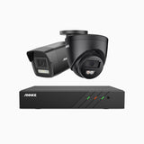 H500P - Kit de surveillance PoE 3K à 8 canaux avec 1 caméras bullet et 1 caméras tourelle, vision nocturne en couleur et infrarouge, résolution 3072*1728, ouverture f/1.6 (0.005 Lux), détection humaine et véhicule, microphone intégré, IP67