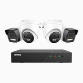 H500P - Kit de surveillance PoE 3K à 8 canaux avec 2 caméras bullet et 2 caméras tourelle, vision nocturne en couleur et infrarouge, résolution 3072*1728, ouverture f/1.6 (0.005 Lux), détection humaine et véhicule, microphone intégré, IP67
