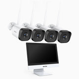 WTL500 - Kit vidéo surveillance sans fil 5MP avec écran 12", NVR 10 canaux et 4 caméras, vision nocturne EXIR, audio bidirectionnel, compatible Alexa, IP66