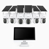 WTB400 - Kit de vidéosurveillance sans fil 4MP avec écran 12", NVR 10 canaux et 6 caméras solaires, détection de mouvement, audio bidirectionnel, batterie rechargeable 9000 mAh, rotation 270° et inclinaison 90°, compatible Alexa