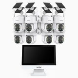 WTB400 - Kit de vidéosurveillance sans fil 4MP avec écran 12", NVR 10 canaux et 8 caméras solaires, détection de mouvement, audio bidirectionnel, batterie rechargeable 9000 mAh, rotation 270° et inclinaison 90°, compatible Alexa