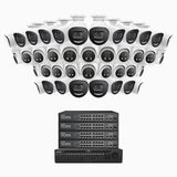 H800X - Kit de surveillance PoE 4K à 64 canaux avec 20 caméras bullet et 20 caméras Tourelle, capteur BSI de 1/1,8", ouverture de f/1,6 (0,003 Lux), sirène et alarme stroboscopique, audio bidirectionnel, détection de présence humaine et de véhicules