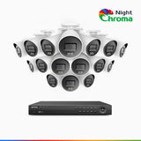 NightChroma<sup>TM</sup> NCK800 - Kit de surveillance PoE 4K à 16 canaux avec 16 caméras, Vision Nocturne Couleur Acme, 3840 × 2160 à 30 ips, Détection des Personnes et Véhicules, Alarme Sirène et Stroboscopique, Audio Bidirectionnel