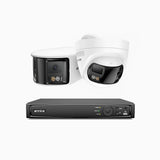 FDH800 - Kit de surveillance PoE 8MP à 8 canaux avec 1 caméras bullet et 1 caméras tourelle, double objectif, ultra grand angle 180°, vision nocturne intelligente à double éclairage, audio bidirectionnel, détection humaine et de véhicules, IP67