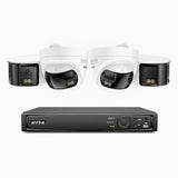 FDH800 - Kit de surveillance PoE 8MP à 8 canaux avec 2 caméras bullet et 2 caméras tourelle, double objectif, ultra grand angle 180°, vision nocturne intelligente à double éclairage, audio bidirectionnel, détection humaine et de véhicules, IP67