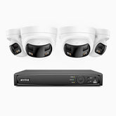 FDH800 - Kit de surveillance PoE 8MP à 8 canaux avec 4 caméras, double objectif, ultra grand angle 180°, vision nocturne intelligente à double éclairage, audio bidirectionnel, sirène et alarme actives, détection humaine et de véhicules, IP67