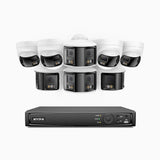 FDH800 - Kit de surveillance PoE 8MP à 8 canaux avec 4 caméras bullet et 4 caméras tourelle, double objectif, ultra grand angle 180°, vision nocturne intelligente à double éclairage, audio bidirectionnel, détection humaine et de véhicules, IP67