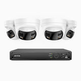 FDH800 - Kit de surveillance PoE 8MP à 8 canaux avec 4 caméras, double objectif, ultra grand angle 180°, vision nocturne intelligente à double éclairage, audio bidirectionnel, sirène et alarme actives, détection humaine et de véhicules, IP67