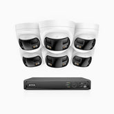 FDH800 - Kit de surveillance PoE 8MP à 8 canaux avec 6 caméras, double objectif, ultra grand angle 180°, vision nocturne intelligente à double éclairage, audio bidirectionnel, sirène et alarme actives, détection humaine et de véhicules, IP67