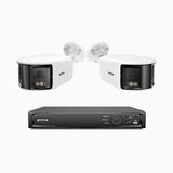 FDH800 - Kit de surveillance PoE 8MP à 8 canaux avec 2 caméras, double objectif, ultra grand angle 180°, vision nocturne intelligente à double éclairage, audio bidirectionnel, sirène et alarme actives, détection humaine et de véhicules, IP67